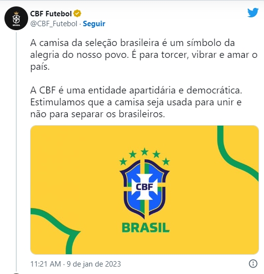 cbf condena uso da amarelinha em atos antidemocraticos e de vandalismo cbf