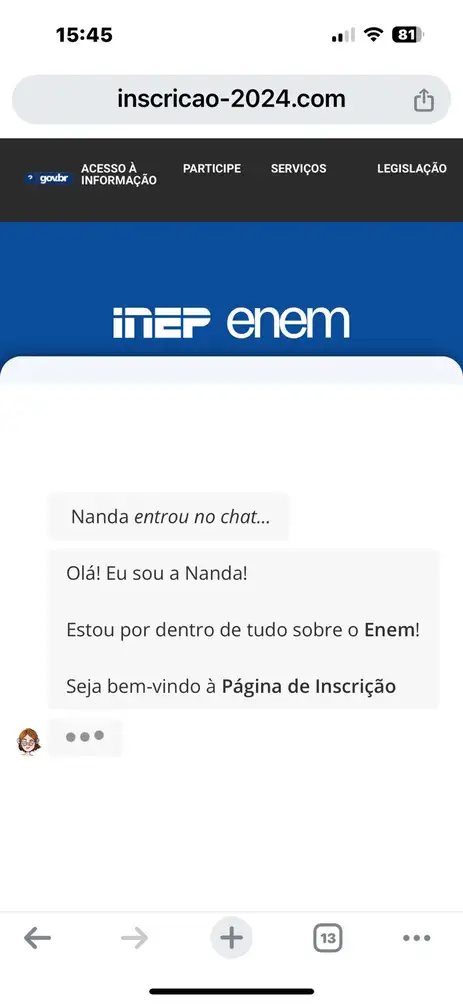 Print/AgenciaBrasil Golpe pagamento da taxa do enem. Print de página fraudulenta.