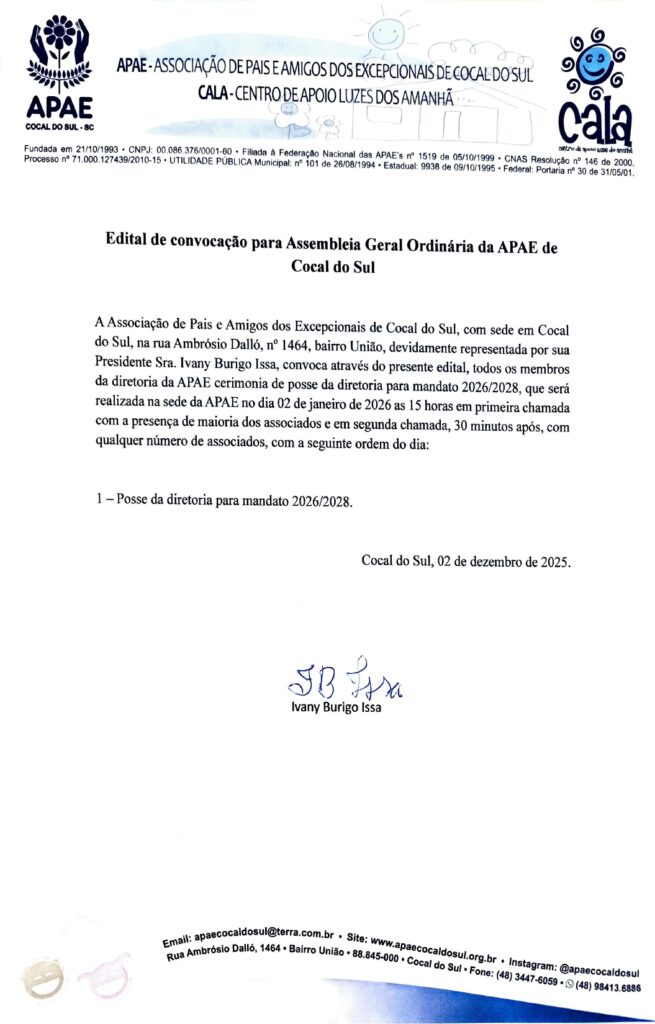 apae de cocal do sul convoca associados para assembleia geral ordinaria 1000176300